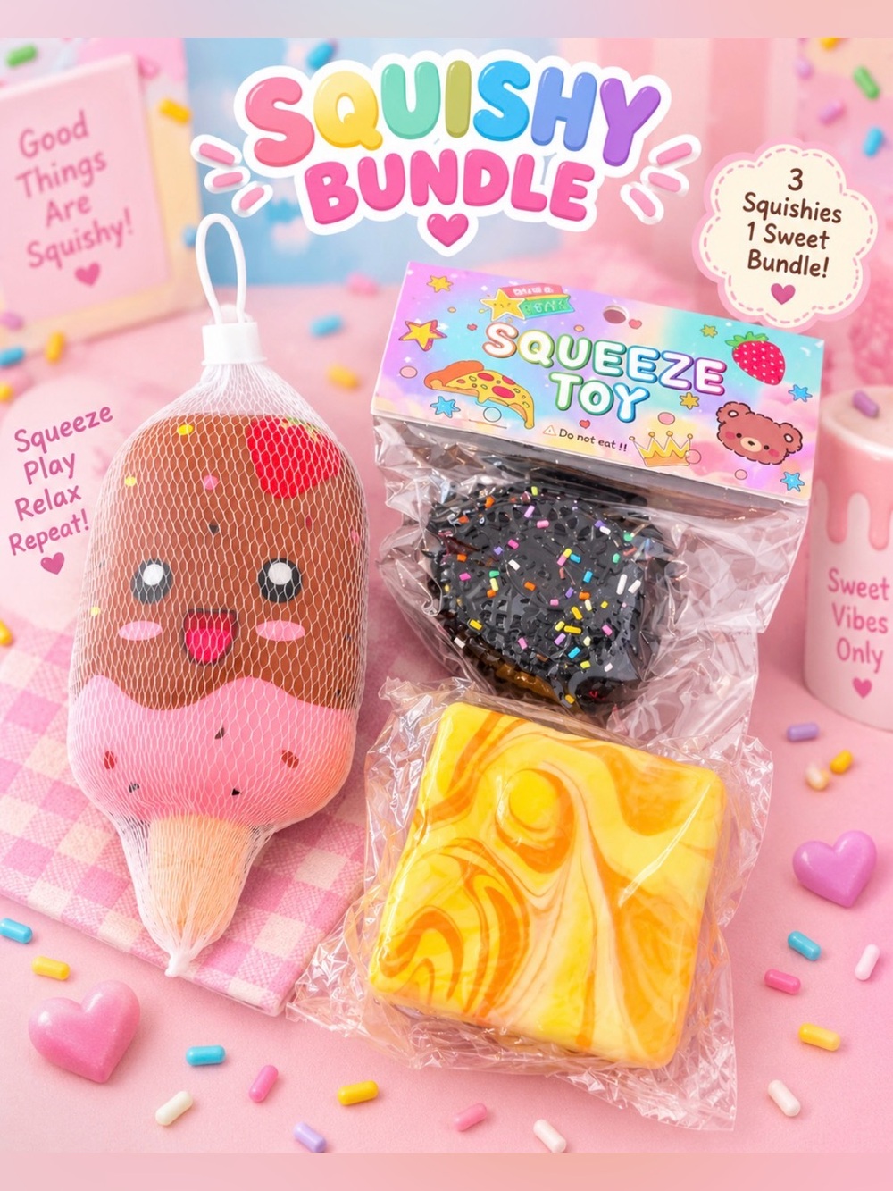 Squishy Bundle Squeeze Toy Set - Pink & Yellow Ice Pop and Treats